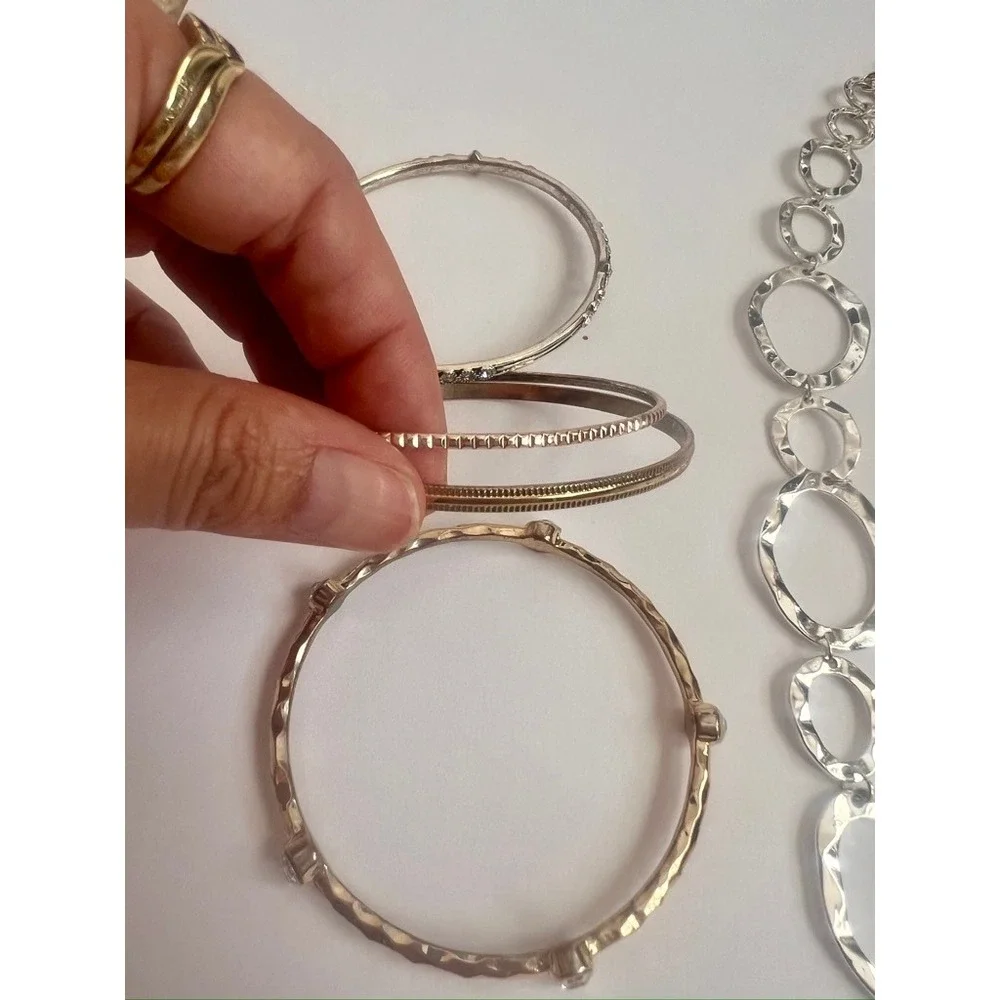 Two Necklaces & Bangle Lot‎ - Silver Tone Chain Link Statement Jewelry Set